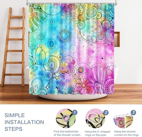 Watercolor Shower Curtain, Doodle Painting Shower Curtain Waterproof Shower Curtain Sets for Bathroom with 12 Hooks Polyester Fabric Machine Washable Home Office Decor Bath Curtain