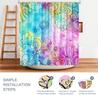 Watercolor Shower Curtain, Doodle Painting Shower Curtain Waterproof Shower Curtain Sets for Bathroom with 12 Hooks Polyester Fabric Machine Washable Home Office Decor Bath Curtain