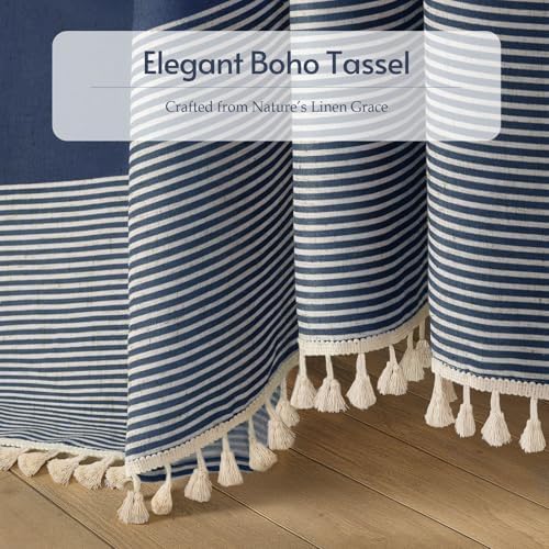 Navy Blue Coastal Ocean Linen Striped Shower Curtain with Tassel 72W X 78L