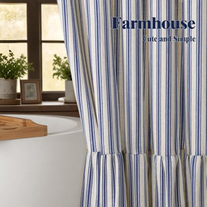 Farmhouse Shower Curtain Ruffle Linen Cream-Blue Stripe 72"W x 96"L