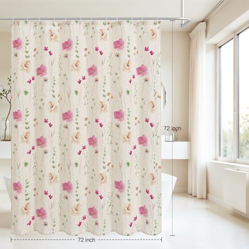 Gibelle Pink Green Linen Watercolor Floral Fabric Shower Curtain, 72x72