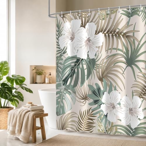 Tropical Shower Curtain for Bathroom, Green Palm Tree Flower Plant Boho Leaf Banana Monstera Sage Beige Shower Curtains Set, Fabric Bathroom Accessories with Hooks 60x72 Inch