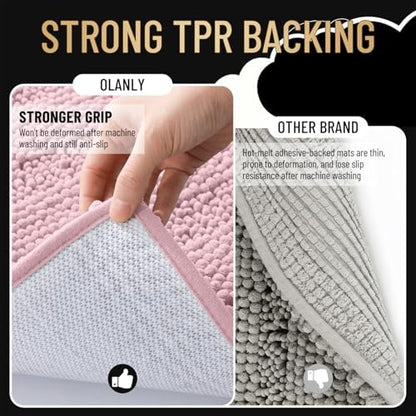 OLANLY Thick Bathroom Rugs 36x24, Chenille Striped Bath Rugs, Dusty Rose