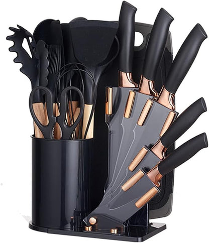 19 Pieces Kitchen Cooking Utensils and Knife Set with Holder Block, Include 11 Pcs Silicone Cooking Utensils 5 Pcs Sharp Stainless Steel Knives Scissors Whisk Tongs and Cutting Board (GREY)