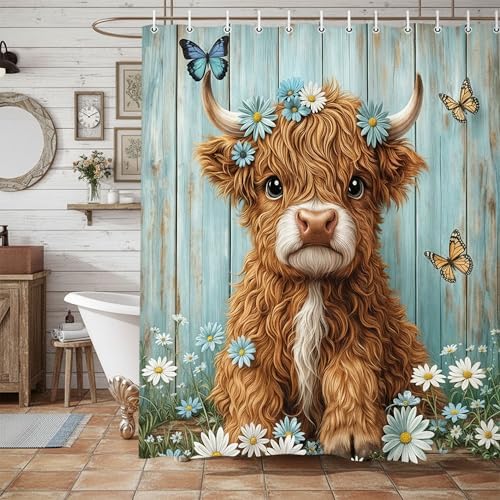 Cow Shower Curtain, Farmhouse Rustic Floral Daisy Funny Highland Cow Shower Curtains for Bathroom, Cute Calf Country Farm Animal Bathroom Decor with Hooks, 70x72 inch