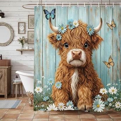 Cow Shower Curtain, Farmhouse Rustic Floral Daisy Funny Highland Cow Shower Curtains for Bathroom, Cute Calf Country Farm Animal Bathroom Decor with Hooks, 70x72 inch