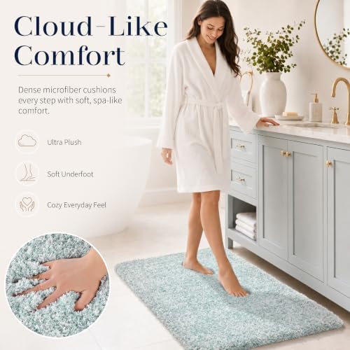 Yimobra Bathroom Rugs Non Slip Washable 36X24, Ultra Soft and Water Absorbent Bath Mats, Plush Fluffy Shower Mat Outside, Luxury Microfiber Thick Matts for Bathroom Floor/Tub, Sky Light Blue and White
