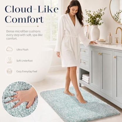 Yimobra Bathroom Rugs Non Slip Washable 36X24, Ultra Soft and Water Absorbent Bath Mats, Plush Fluffy Shower Mat Outside, Luxury Microfiber Thick Matts for Bathroom Floor/Tub, Sky Light Blue and White