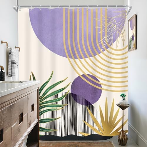 Mid Century Purple Green Boho Abstract Modern Bathroom Shower Curtain Set