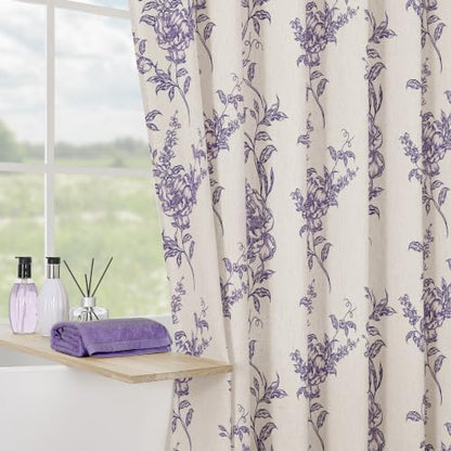 Purple Linen Farmhouse Shower Curtain, Boho Floral Bathroom 72x78