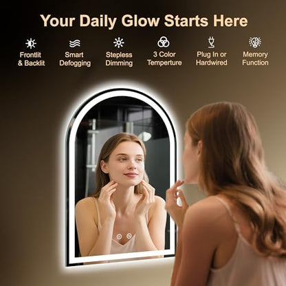 Arched LED Lighted Bathroom Mirror with Lights 24"x36"Smart Anti-Fog