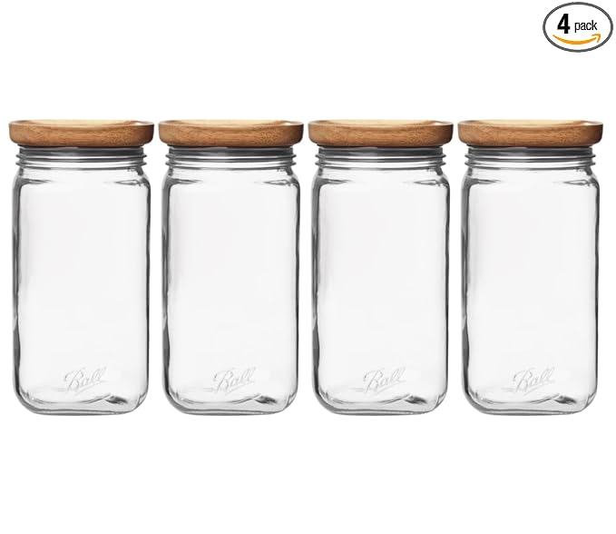 Ball Stack & Store Glass Mason Jars with Wooden Lid, Used for Pantry, Cookies, Flour, Cereal, Rice, Sugar, Tea, Coffee Beans, Spices, Square, 9.9-Cup (Pack of 4)