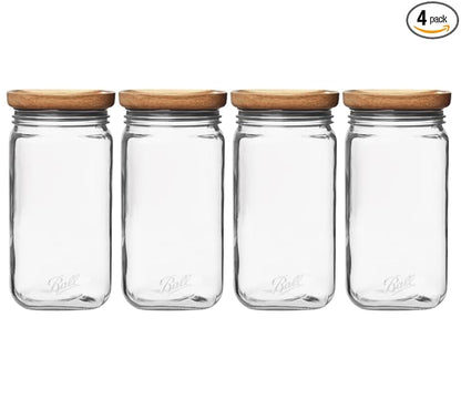 Ball Stack & Store Glass Mason Jars with Wooden Lid, Used for Pantry, Cookies, Flour, Cereal, Rice, Sugar, Tea, Coffee Beans, Spices, Square, 9.9-Cup (Pack of 4)