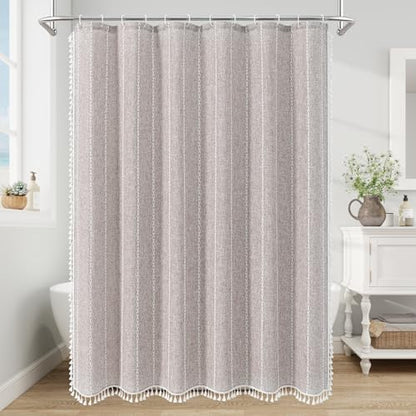 Boho Farmhouse Tassel Linen Shower Curtain,3D Embroidery Stripe Grey,72x78