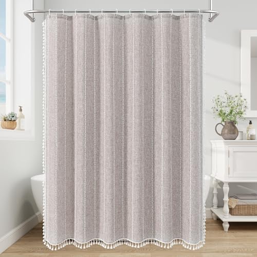 Boho Farmhouse Tassel Linen Shower Curtain,3D Embroidery Stripe Grey,36x72