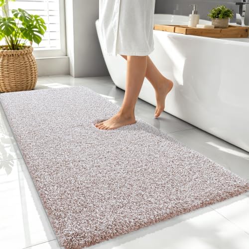 OLANLY Microfiber Bathroom Rugs 47x24, Quick Dry Bath Mat, Mocha and White
