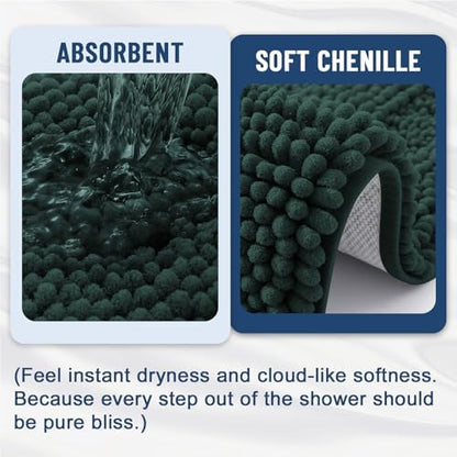 Grandaily Chenille Striped Bathroom Rugs 24x16, Extra Thick and Absorbent Bath Mats, Non-Slip Soft Plush Shaggy Shower Carpet, Machine Wash Dry, Bath Rug for Bathroom, (Small, Dark Green)