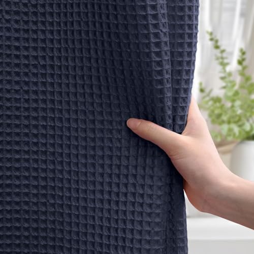 Long Waffle Shower Curtain Heavyweight Cotton Fabric Navy Blue 72Wx84L