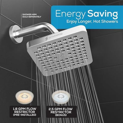 SparkPod Rain Shower Head, 6 Inch Square, Luxury Polished Chrome Finish