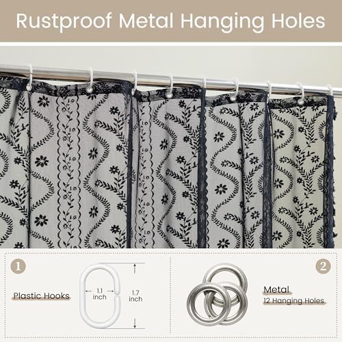 WAZZIO Black Lace Shower Curtain - Vintage Pretty Floral Sheer Shower Curtains Goth, Decorative Tassel Bath Curtains for Bathroom, 72 x 72 Inch, 1 Panel