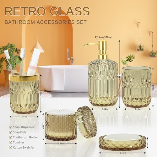 Brown Bathroom Accessory Set 5PCS - Amber Glass Bathroom Accessories with Toothbrush Holder Set, Soap Dispenser, Soap Dish, Tumbler, Cotton Swab Jars, Vintage Bathroom Decor Set Housewarming Gift