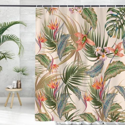 Tropical Shower Curtain, Colourful Leaves Floral Palm Leaf Hawaiian Botanical Plant Bathroom Curtain, Waterproof Cloth Fabric Bath Curtain with Hooks 72 x 72 inch
