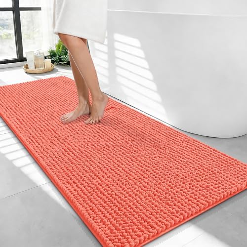 OLANLY Thick Chenille Bathroom Runner Rugs 44x24, Absorbent Bath Mat, Coral