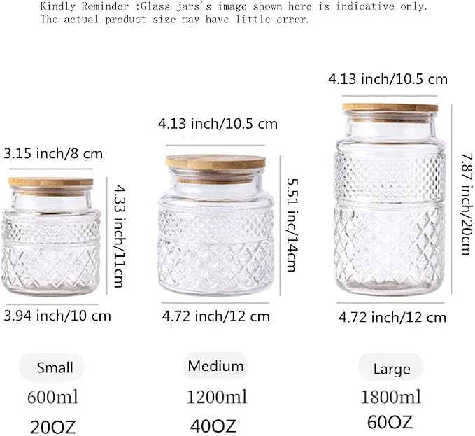 Glass Storage Jars Vintage Embossed Canisters Food Cereal Storage Containers with Bamboo Lid, Decorative Jars for Kitchen Counter,Pantry,Set 3-Piece Glass Jars in 60 oz/40 oz/20 oz (Round)