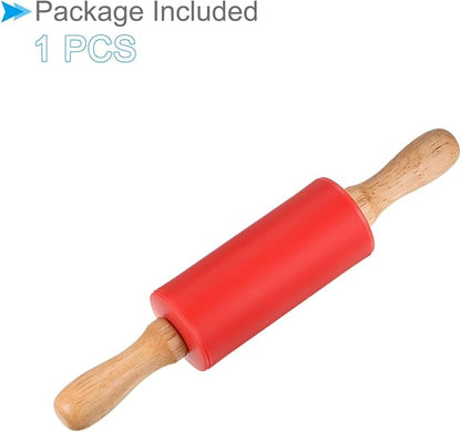 Silicone Rolling Pins, 9.25" Length, Silicone & Oak Non-Stick Ergonomic Wooden Handle Fondant Dough Roller Red - (Applications: for Baking DIY Projects)
