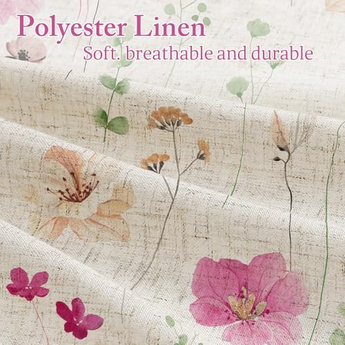 Gibelle Pink Green Linen Watercolor Floral Fabric Shower Curtain, 72x72