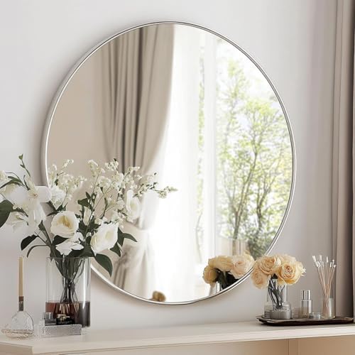 Oruii Round Mirror, 26 inch Silver Circle Mirror,Bruhsed Nickel Metal Frame