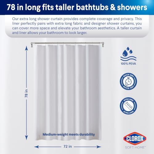 Clorox Shower Curtain Liner, Premium Medium-Weight Durable Waterproof 6g PEVA for Bathroom with Weighted Magnets, Extra Long 72" x 78", Frosty 1 Pack