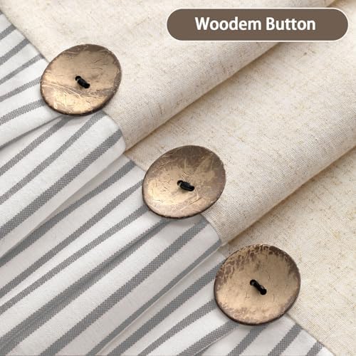 Farmhouse Shower Curtain Linen Button Grey Stripe 72" W x 72" L