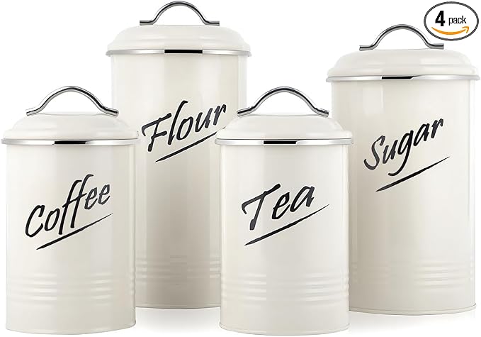 Hillbond Canister Sets Ivory Food Storage Canisters Containers: Carbon Steel with Powder Coated Decorative Storage Jars Set of 4 (Ivory)