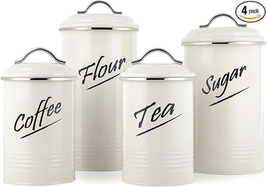 Hillbond Canister Sets Ivory Food Storage Canisters Containers: Carbon Steel with Powder Coated Decorative Storage Jars Set of 4 (Ivory)
