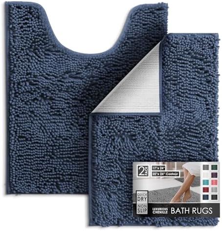 Hearth & Harbor Bathroom Rugs, Chenille Bath Mat - Machine Washable Bath Mats for Bathroom Non-Slip Backing Rubber, Quick Dry Bathroom Mat - Navy Blue 17x24-20x24