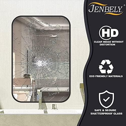 22x30 Inch Black Wall Mirror for Bathroom, Brushed Metal Framed Mirror with Rounded Corner, Rectangle Bathroom Vanity Mirror for Bedroom or Living Room, Horizontal/Vertical