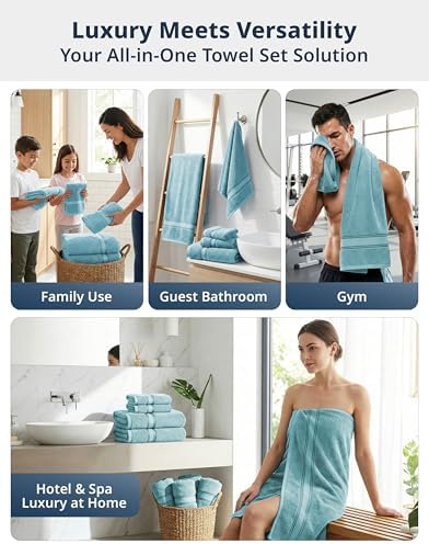 LANE LINEN Bath Towel Set Quick Dry 100% Cotton 6 Piece Soft - Blue