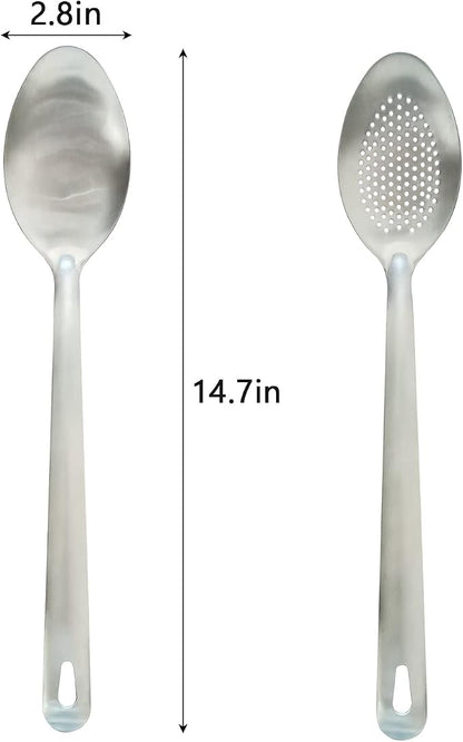 Cooking Spoon Set, 2Pcs 14.7" Stainless Steel Large Serving Spoons, Solid & Slotted Spoons for Restaurant, Metal Kitchen Utensils