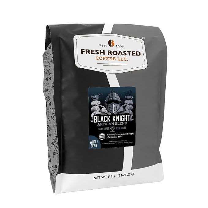 Fresh Roasted Coffee, Organic Black Knight Whole Bean Coffee, Dark Roast, USDA Organic, Kosher, 5 lb (80 oz)