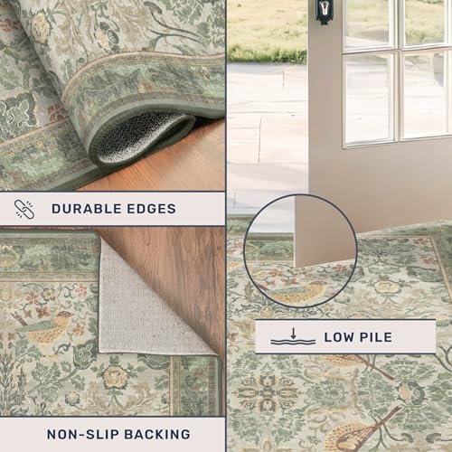 Boho Dining Room Rugs for Under Table 9x12 - Plant & Bird Patterned Rugs for Living Room, Bedroom Under Bed, Traditional Victorian Sage Green Décor, Washable Non Slip Folable Lightweight Carpet
