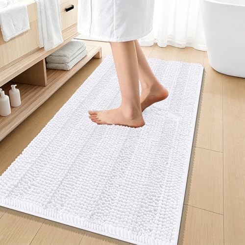 OLANLY Thick Bathroom Runner Rugs 47x20, Soft Chenille Bath Rugs, White