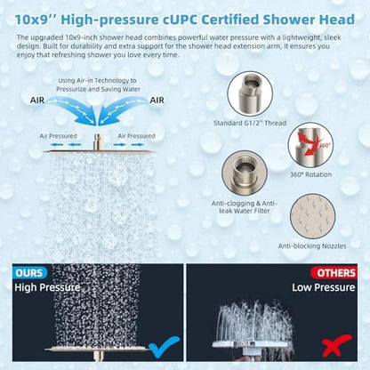 Hibbent All Metal CUPC Certified 10'' Rainfall Shower Head, Dual Shower Head Combo, High Pressure Handheld 4 Sprays Shower Wand, 16'' Adjustable Extension Arm, 71'' Hose, Shower Holder, Brushed Nickel