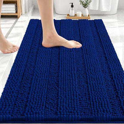 OLANLY Thick Bathroom Rugs 30x20, Soft Chenille Striped Bath Rugs, Navy