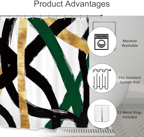 Abstract Emerald Green Black Gold Shower Curtain 72Wx72L Inch Modern Minimalist Contemporary Geometric Line Bathroom Set Accessories Decor with 12 Pack Hooks