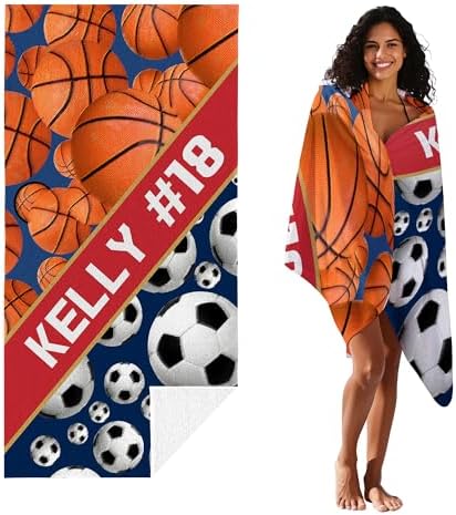 Personalized Beach Towel With Name, Custom Beach Towel with Text, Customized Basketball Football Microfiber Pool Towel, Quick Dry & Absorbent Swim Towel for Adult,Anniversary, Birthday, Summer Holiday