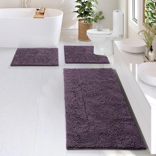 Hearth & Harbor Bathroom Rugs, Chenille Bath Mat - Machine Washable Bath Mats for Bathroom Non-Slip Backing Rubber, Quick Dry Mat - Purple Bath Rug, 17x24-26x44-20x24