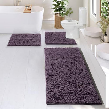 Hearth & Harbor Bathroom Rugs, Chenille Bath Mat - Machine Washable Bath Mats for Bathroom Non-Slip Backing Rubber, Quick Dry Mat - Purple Bath Rug, 17x24-26x44-20x24