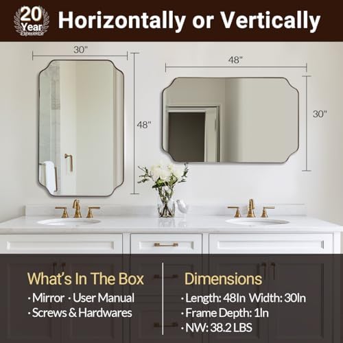 ANDY STAR 30"x48" Brushed Bronze Rectangle Mirror, Large Scalloped Bathroom Mirror in Premium Stainless Steel Frame, Timeless Shape with Unique Flair, Ideal for Home Remodel (Vertical/Horizontal)
