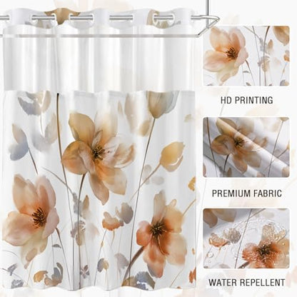 No Hook Shower Curtain and Liner Set, Orange Boho Floral 71x74